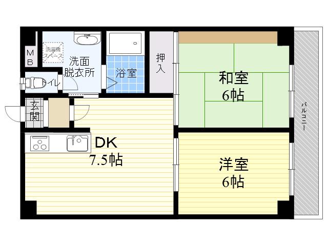 ヴィライーストサイド夙川(2DK/2階)の間取り写真