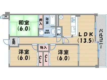 白鷹夙川マンション(3LDK/5階)の間取り写真