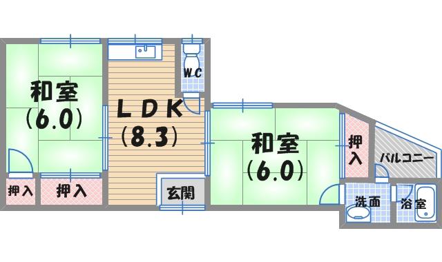 甲子園四番町ハイツ(2LDK/2階)の間取り写真