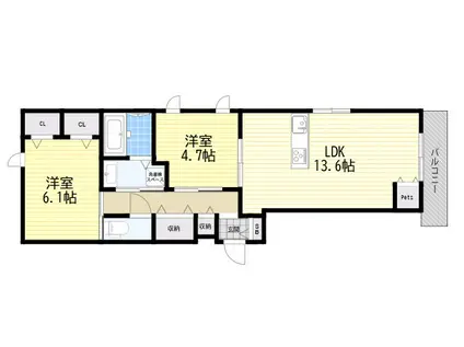 西宮市田代町ヘーベルメゾン(2LDK/2階)の間取り写真
