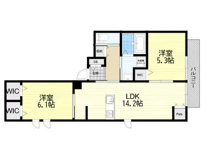 西宮市田代町ヘーベルメゾン(2LDK/2階)の間取り写真