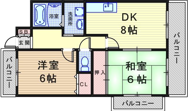 サンシャイン園田(2LDK/5階)の間取り写真