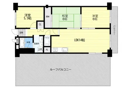 緑地公園パークハイツ(3LDK/6階)の間取り写真