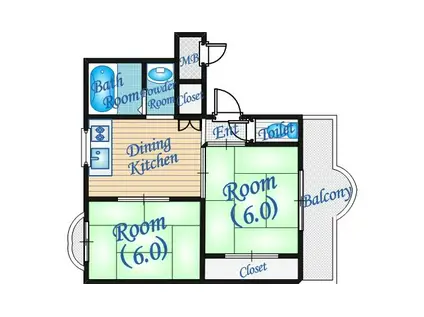 出口マンション(2DK/4階)の間取り写真