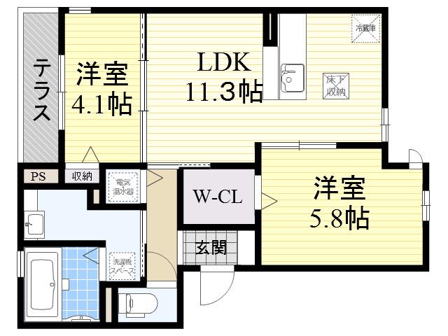 EL・SERENO江坂 ウエスト(2LDK/1階)の間取り写真