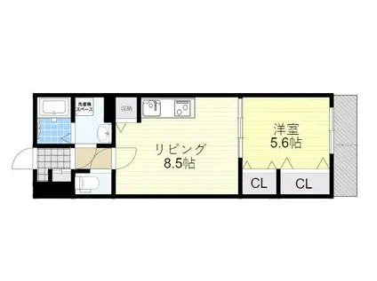 HARU江坂ウエスト(1LDK/2階)の間取り写真