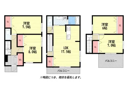南海高野線 堺東駅 徒歩9分 3階建 築4年(4LDK)の間取り写真
