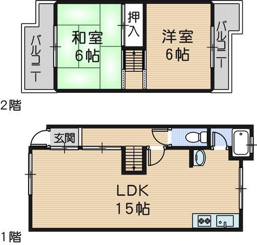 阪神本線 出屋敷駅 徒歩13分 2階建 築51年(2LDK)の間取り写真