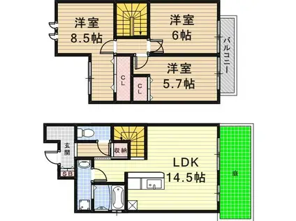 テラスハウスKOU(3LDK/1階)の間取り写真