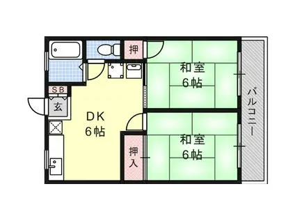 JR東海道・山陽本線 甲南山手駅 徒歩10分 2階建 築32年(2DK/1階)の間取り写真