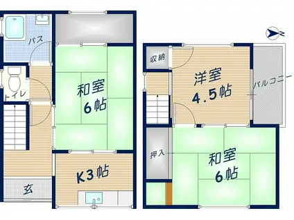 近鉄奈良線 瓢箪山駅(大阪) 徒歩8分 2階建 築51年(3K)の間取り写真