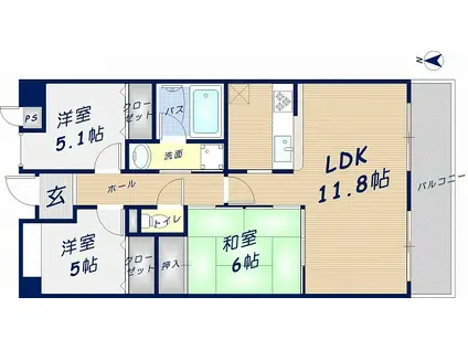 プランテーム吉田(3LDK/4階)の間取り写真