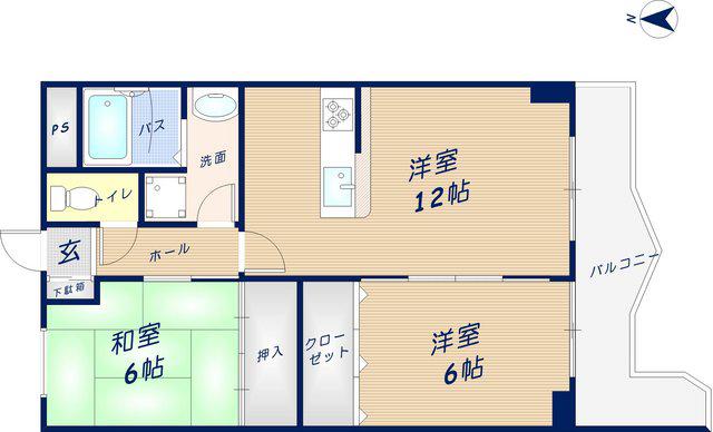 ツカサロイヤルハイツ瓢箪山(2LDK/3階)の間取り写真