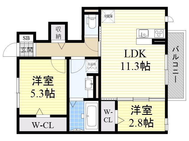 アドラブール瓜生堂(2LDK/1階)の間取り写真