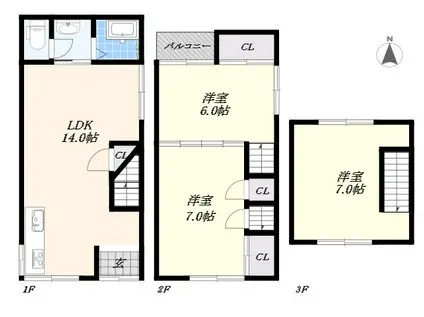 近鉄奈良線 東花園駅 徒歩15分 3階建 築52年(3LDK)の間取り写真
