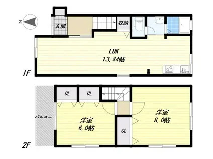 近鉄奈良線 河内花園駅 徒歩10分 2階建 築49年(2LDK)の間取り写真