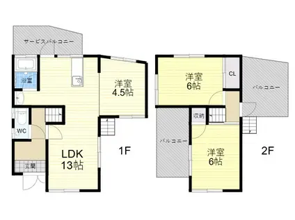 近鉄奈良線 瓢箪山駅(大阪) 徒歩14分 2階建 築57年(3LDK)の間取り写真