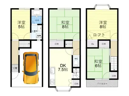 近鉄奈良線 東花園駅 徒歩8分 3階建 築34年(4DK)の間取り写真