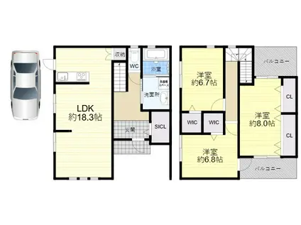 東大阪市箱殿町8-38　連棟住宅(3LDK)の間取り写真