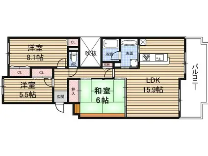 ヴェルナール学園前D棟(3LDK/2階)の間取り写真
