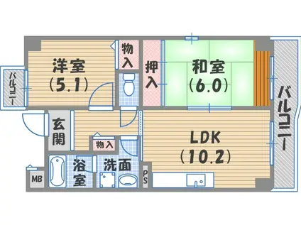 阪急神戸本線 西宮北口駅 徒歩8分 5階建 築25年(2LDK/1階)の間取り写真