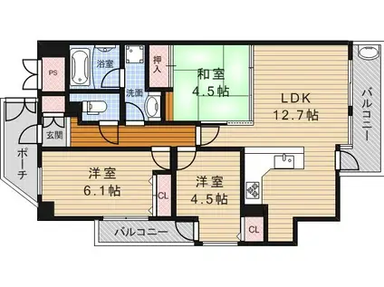 フュージョンコート豊中千里園(3LDK/7階)の間取り写真