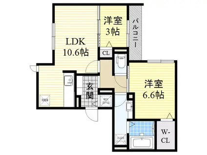 EL・SERENO江坂 ウエスト(2LDK/3階)の間取り写真