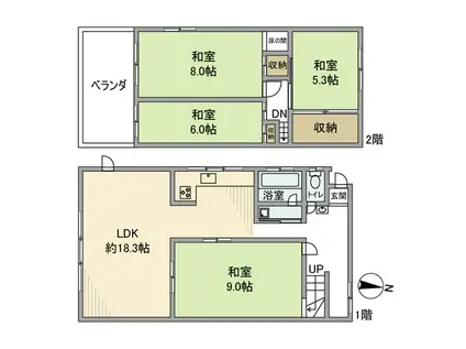 能勢電鉄妙見線 絹延橋駅 徒歩5分 2階建 築56年(4LDK)の間取り写真