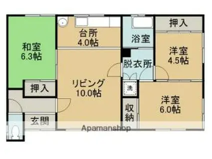 JR石北本線 網走駅 バス乗車時間：16分 駒場南1丁目バス停で下車 徒歩3分 1階建 築43年(3LDK)の間取り写真