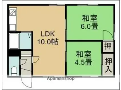 札幌市営東豊線 福住駅 バス乗車時間：11分 真栄バス停で下車 徒歩6分 2階建 築39年(2LDK/1階)の間取り写真