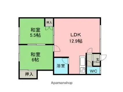 札幌市営東西線 ひばりが丘駅(北海道) 徒歩2分 2階建 築37年(2LDK/2階)の間取り写真