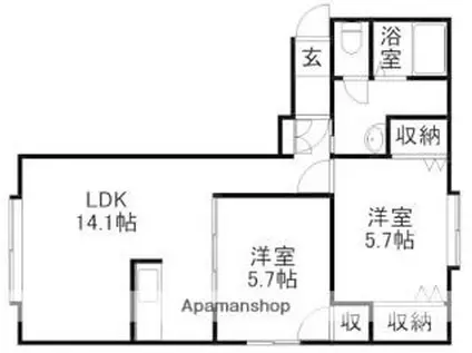 札幌市営東豊線 豊平公園駅 徒歩1分 3階建 築27年(2LDK/2階)の間取り写真