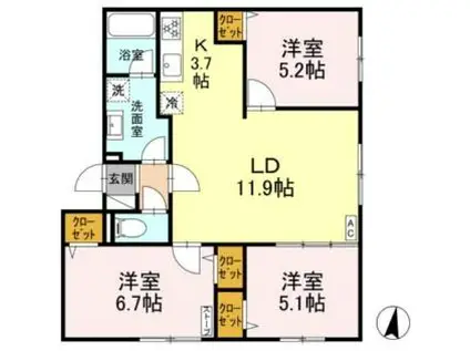 札幌市営東豊線 元町駅(札幌) 徒歩14分 4階建 築1年(3LDK/4階)の間取り写真