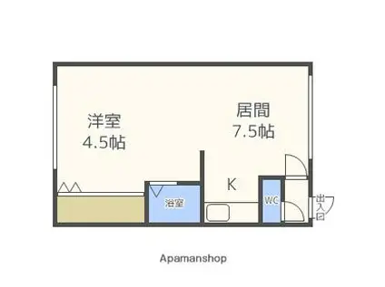札幌市営南北線 中の島駅 徒歩10分 2階建 築39年(1DK/1階)の間取り写真