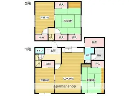 JR函館本線 岩見沢駅 バス乗車時間：42分 三笠団地バス停で下車 徒歩5分 2階建 築47年(4LDK)の間取り写真