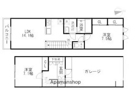 GARAGE HOUSE 南光台(2LDK/1階)の間取り写真