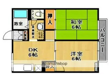 JR東北新幹線 郡山駅(福島) バス乗車時間：13分 芳賀小学校バス停で下車 徒歩2分 2階建 築33年(2DK/2階)の間取り写真