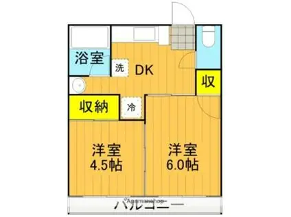 JR東北新幹線 郡山駅(福島) バス乗車時間：20分 六中前バス停で下車 徒歩8分 2階建 築40年(2DK/2階)の間取り写真