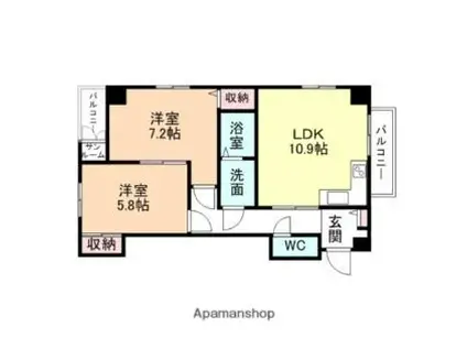 富山地方鉄道2系統 丸の内駅(富山) 徒歩4分 6階建 築17年(2LDK/3階)の間取り写真