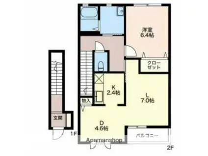 あいの風とやま鉄道 入善駅 徒歩7分 2階建 築20年(1LDK/2階)の間取り写真