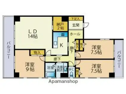 JR身延線 南甲府駅 徒歩40分 8階建 築29年(3LDK/7階)の間取り写真