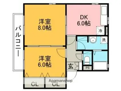 名鉄小牧線 味鋺駅 徒歩8分 2階建 築24年(2DK/1階)の間取り写真