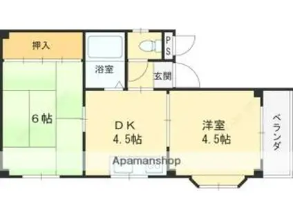 京阪本線 香里園駅 徒歩14分 4階建 築35年(2K/3階)の間取り写真