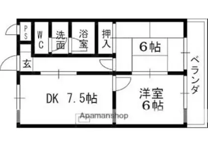 京阪交野線 交野市駅 徒歩6分 5階建 築26年(2DK/5階)の間取り写真