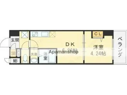近鉄けいはんな線 吉田駅(大阪) 徒歩2分 8階建 築2年(1DK/6階)の間取り写真