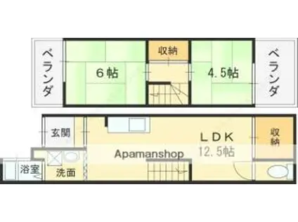 近鉄奈良線 瓢箪山駅(大阪) 徒歩8分 2階建 築61年(2LDK)の間取り写真