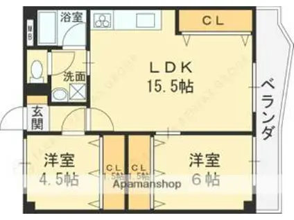 若江岩田パークマンション A棟(2LDK/1階)の間取り写真