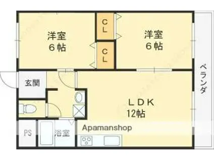 近鉄けいはんな線 新石切駅 徒歩27分 4階建 築45年(2LDK/3階)の間取り写真