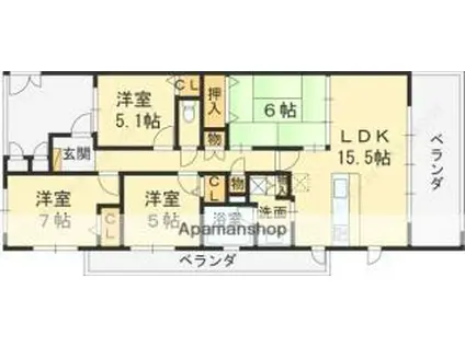 JR東海道・山陽本線 芦屋駅(ＪＲ) バス乗車時間：10分 東山バス停で下車 徒歩3分 7階建 築23年(4LDK/3階)の間取り写真