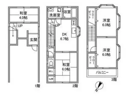 京阪交野線 交野市駅 徒歩3分 3階建 築26年(4DK)の間取り写真